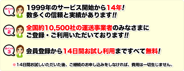 ポイント1:1999年のサービス開始から12年!数多くの信頼と実績があります!! ポイント2:全国約8,800社の運送事業者のみなさまにご利用・ご登録いただいております。 ポイント3:会員登録から14日間お試し利用まですべて無料!貴社のご商売に合うか完全無料でお試しいただけます!!