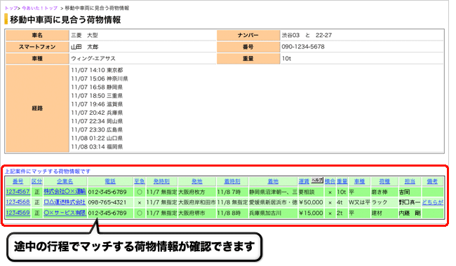 運行中車両管理ページ